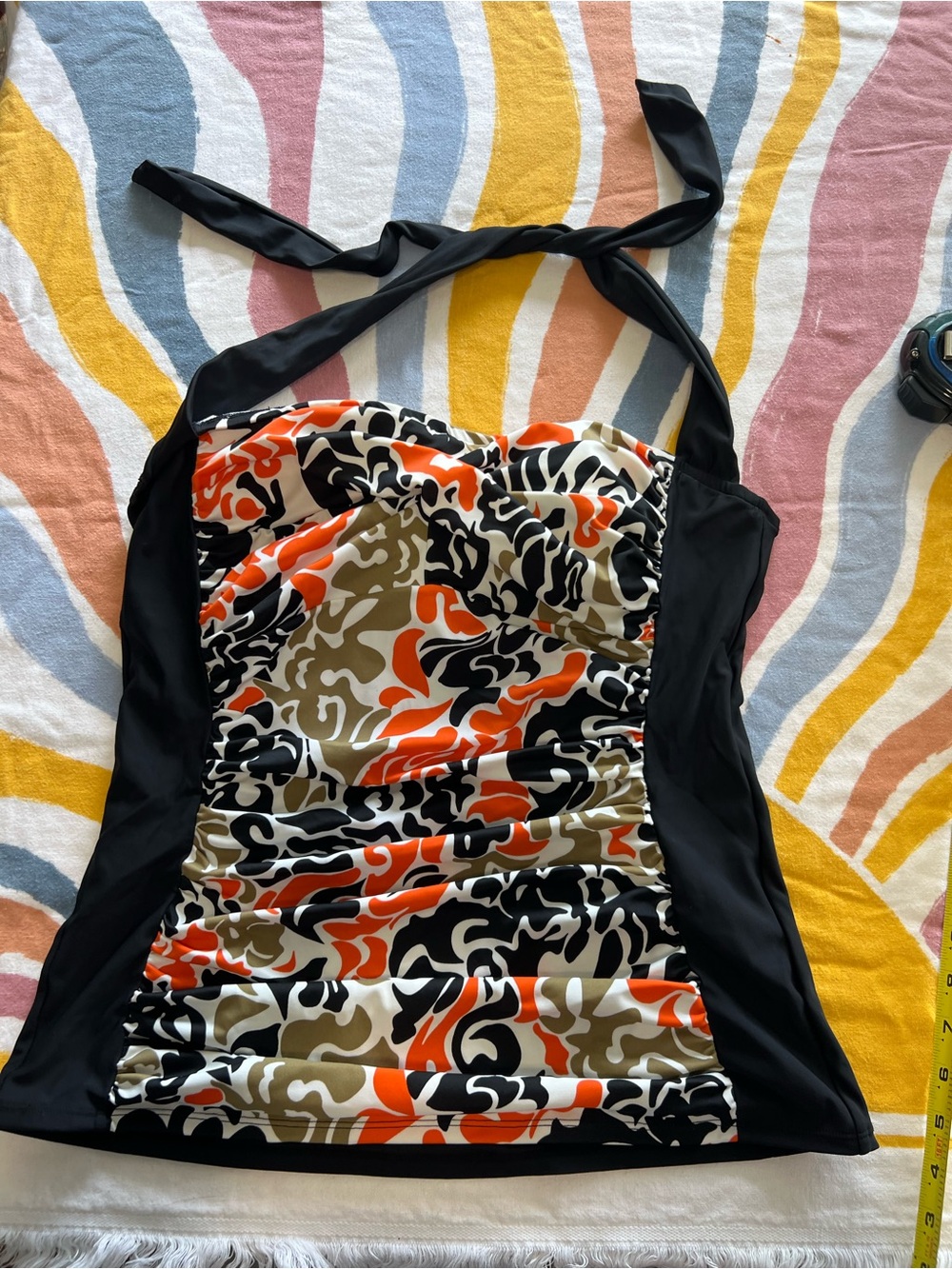 Avenue Black Halter Tankini Top with Orange, Olive & White Print